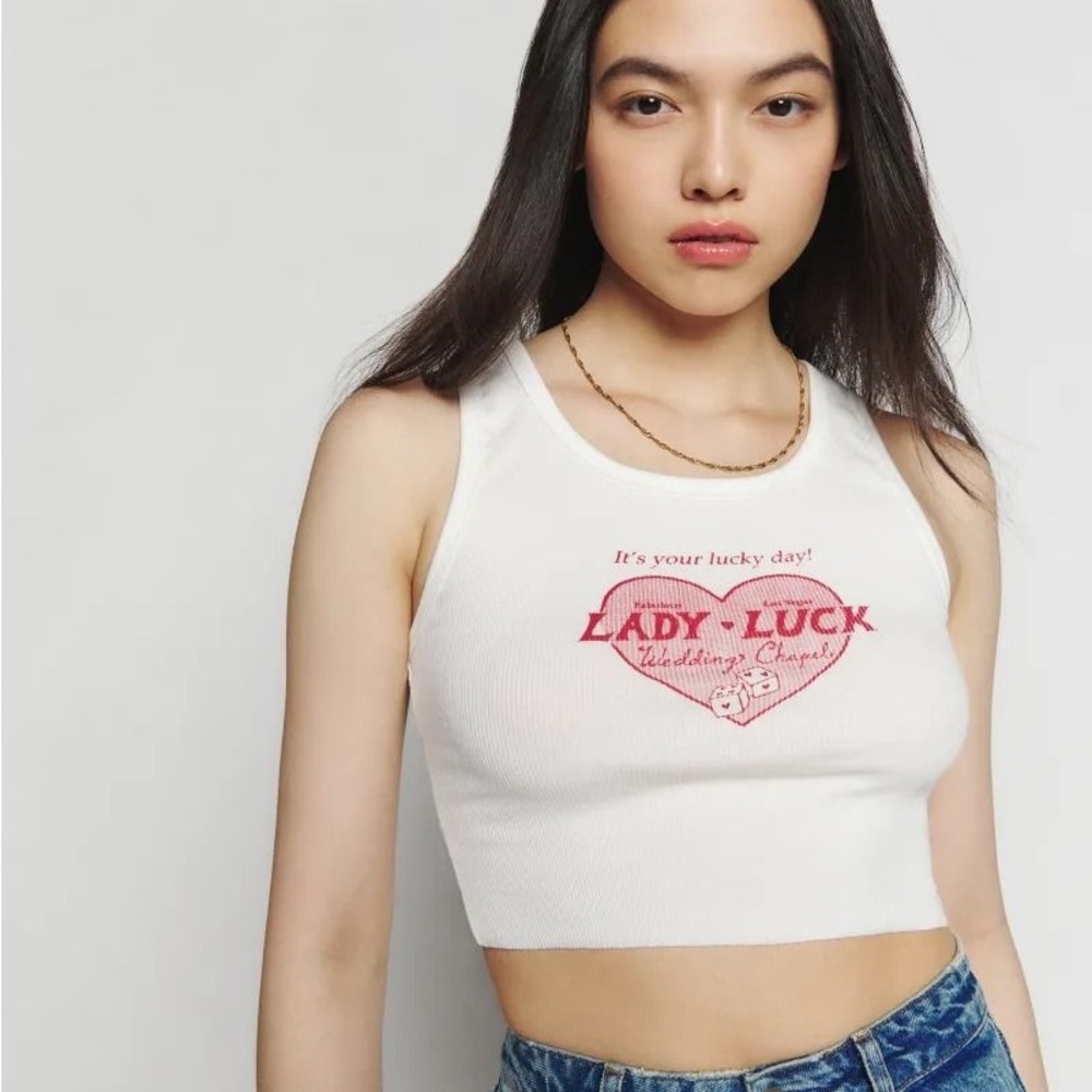 Reformation White Crop Tank with Pink Graphic